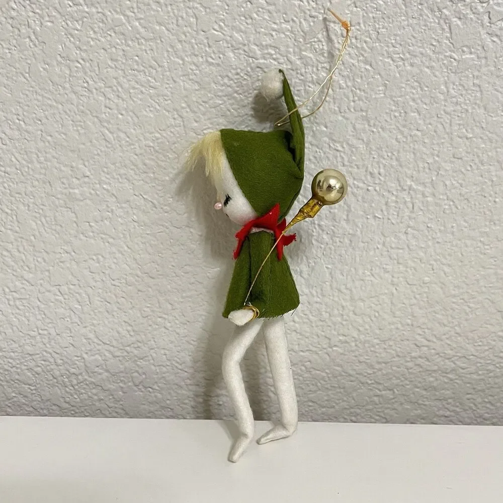 Vintage Flocked Felt Snow Baby Elf Christmas Ornaments Holding Balloons Lot of 2